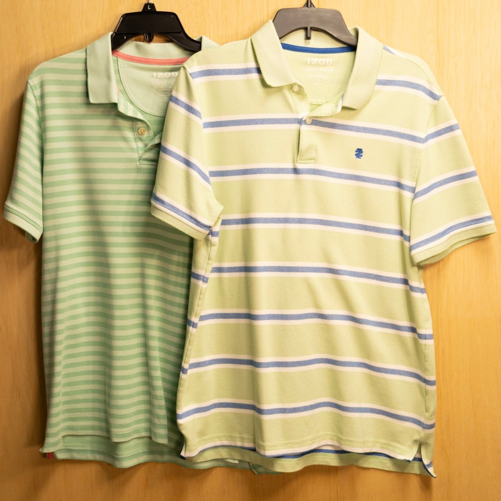 Lot of 2 IZOD Advantage Performance Stretch Polo Shirts Mens Large Green Striped
